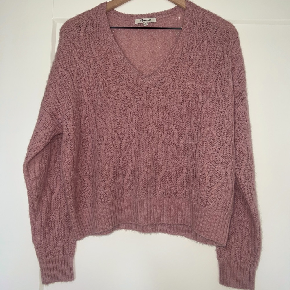 MADEWELL Alna pointelle knit alpaca blend cropped sweater, dusty rose, size M
